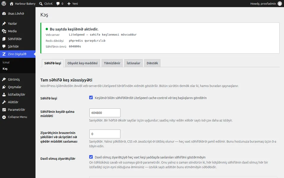 WordPress-də səhifə keşinin aktiv olduğunu göstərən Zinn® Cache tənzimləmələri ekranı