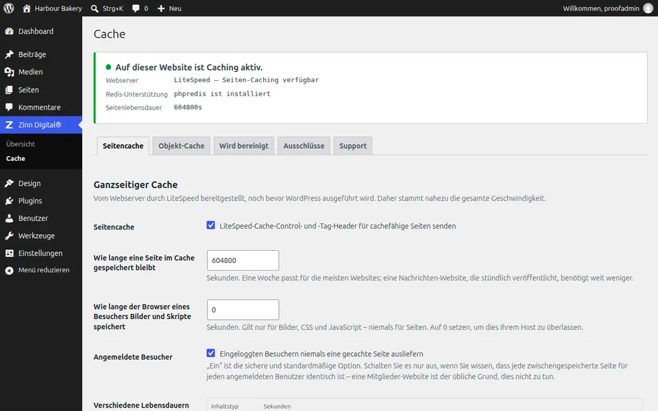 Der Einstellungsbildschirm von Zinn® Cache in WordPress, der den Seitencache als aktiv anzeigt