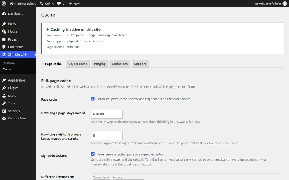 The Zinn® Cache settings screen in WordPress, showing the page cache active
