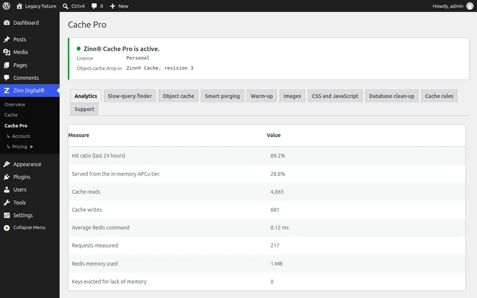 The Zinn® Cache Pro analytics screen showing the hit ratio, the in-memory tier's share and the average Redis command time