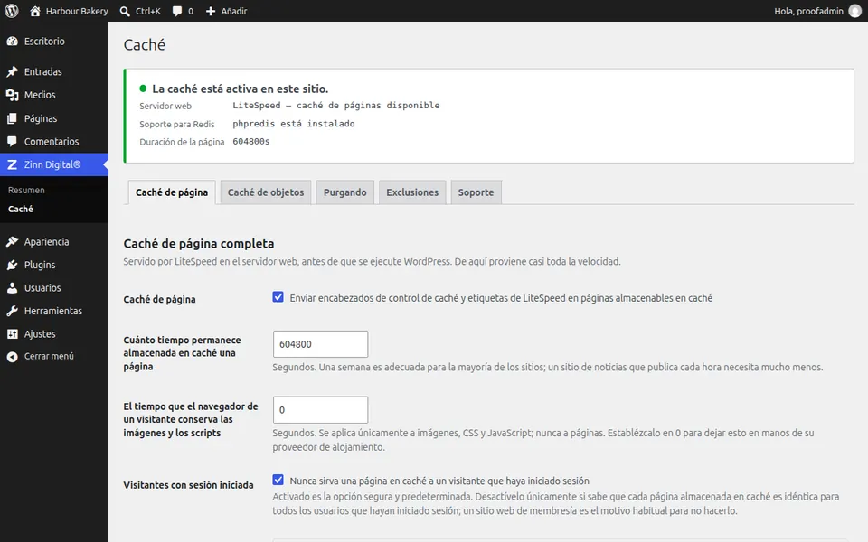 La pantalla de ajustes de Zinn® Cache en WordPress, que muestra la caché de página activa