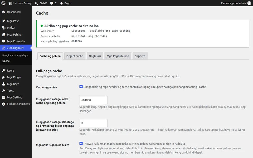 Ang screen ng mga setting ng Zinn® Cache sa WordPress, na nagpapakitang aktibo ang page cache
