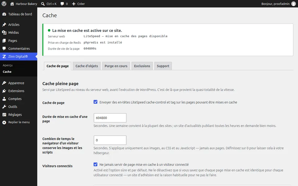 L’écran des paramètres de Zinn® Cache dans WordPress, montrant le cache de page actif