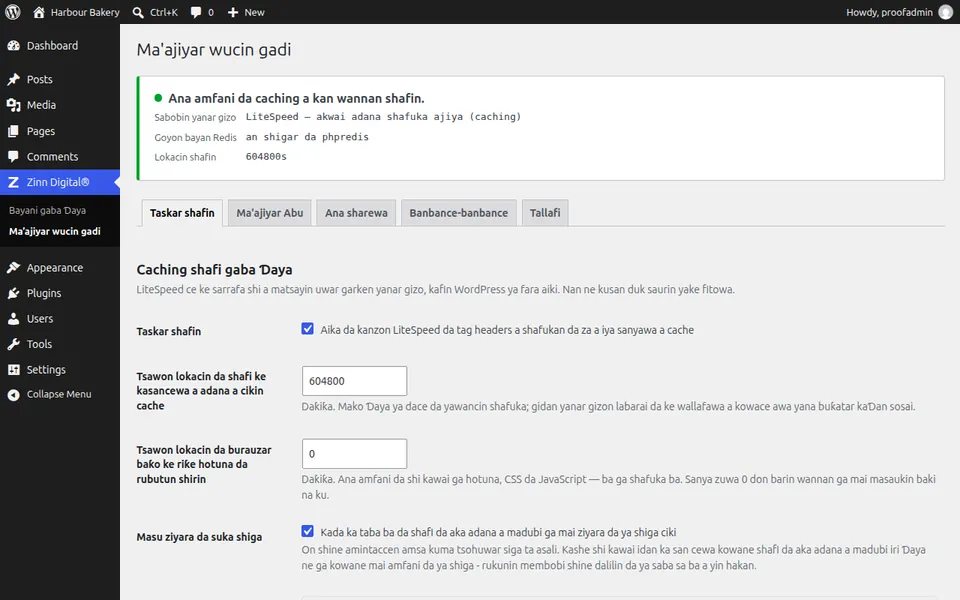 Allon saitunan Zinn® Cache a cikin WordPress, yana nuna ma'ajiyar shafi tana aiki