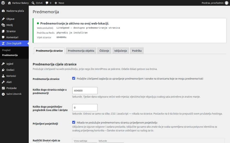 Zaslon postavki dodatka Zinn® Cache u sustavu WordPress, koji prikazuje predmemoriju stranice aktivnom