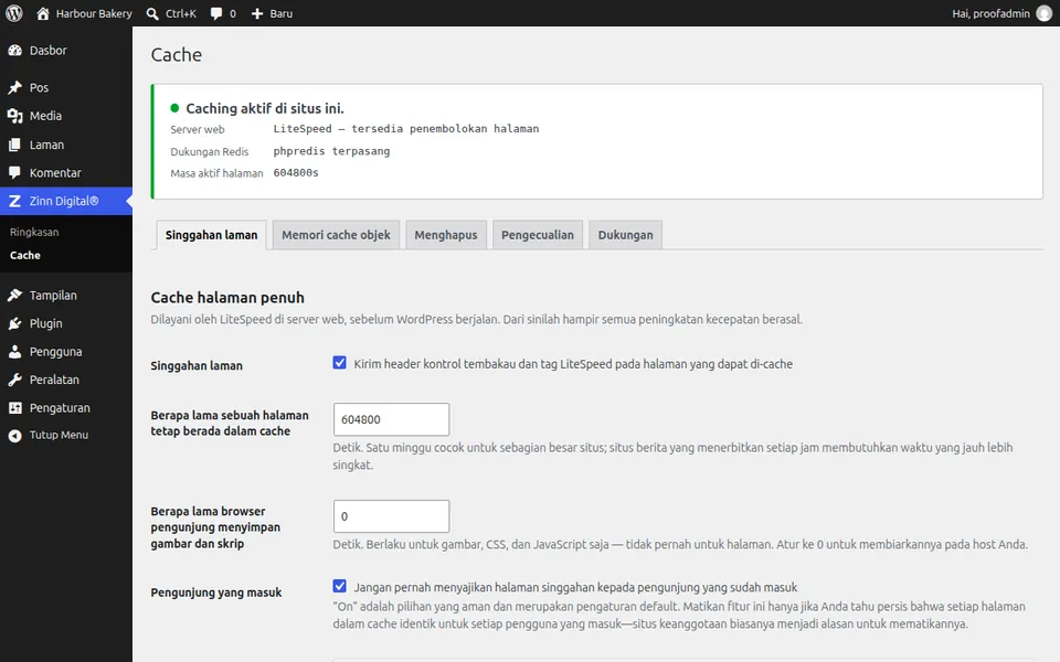 Layar pengaturan Zinn® Cache di WordPress, yang menampilkan cache halaman aktif