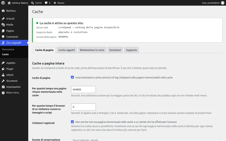 La schermata delle impostazioni di Zinn® Cache in WordPress, che mostra la cache di pagina attiva
