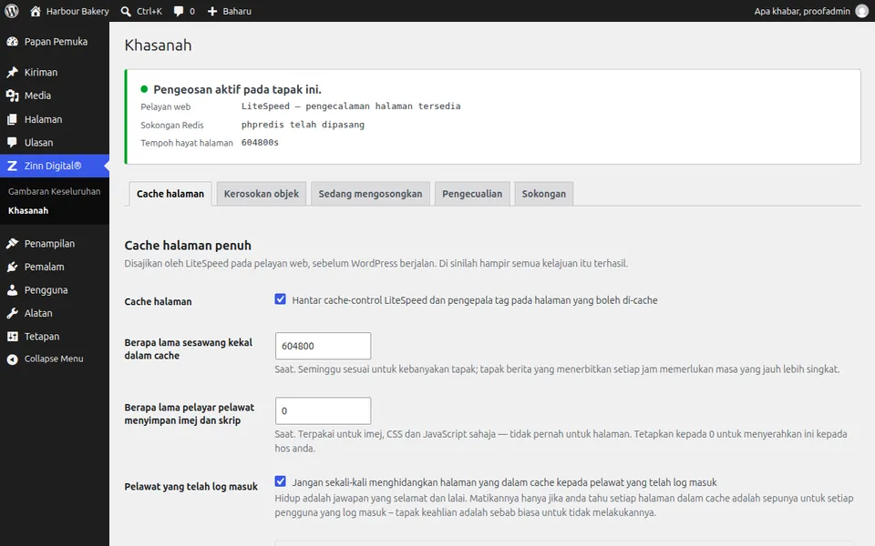 Skrin tetapan Zinn® Cache dalam WordPress, menunjukkan cache halaman aktif