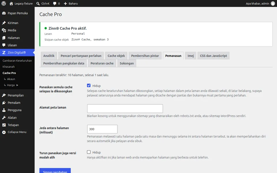 Panaskan cache selepas pembersihan