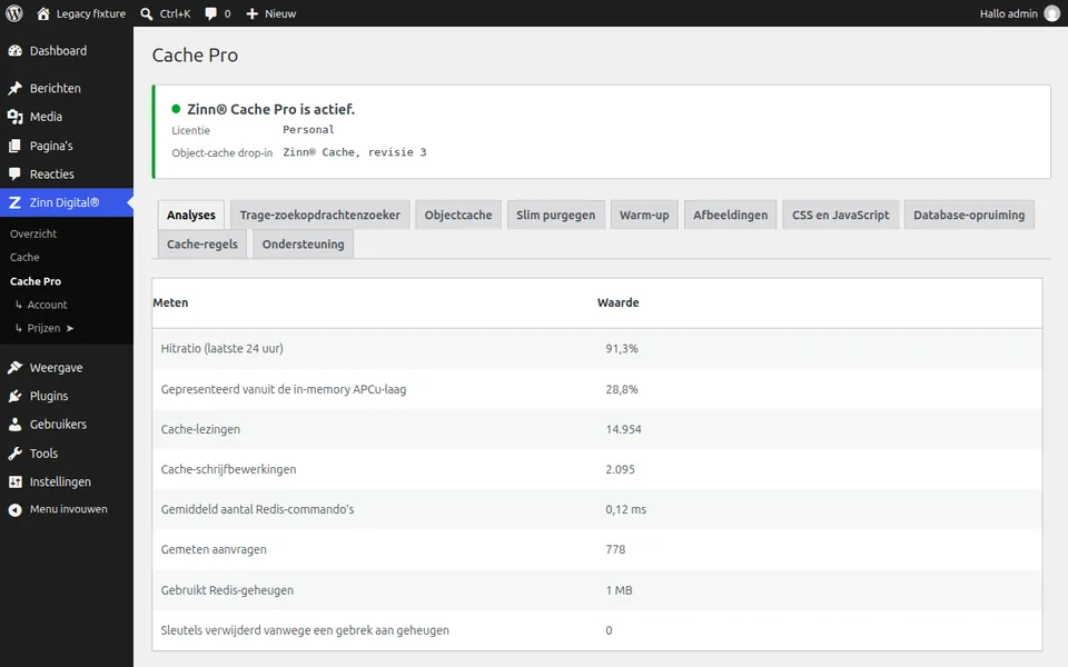 Het analysescherm van Zinn® Cache Pro met de hitratio, het aandeel van de in-memory tier en de gemiddelde opdrachtduur van Redis