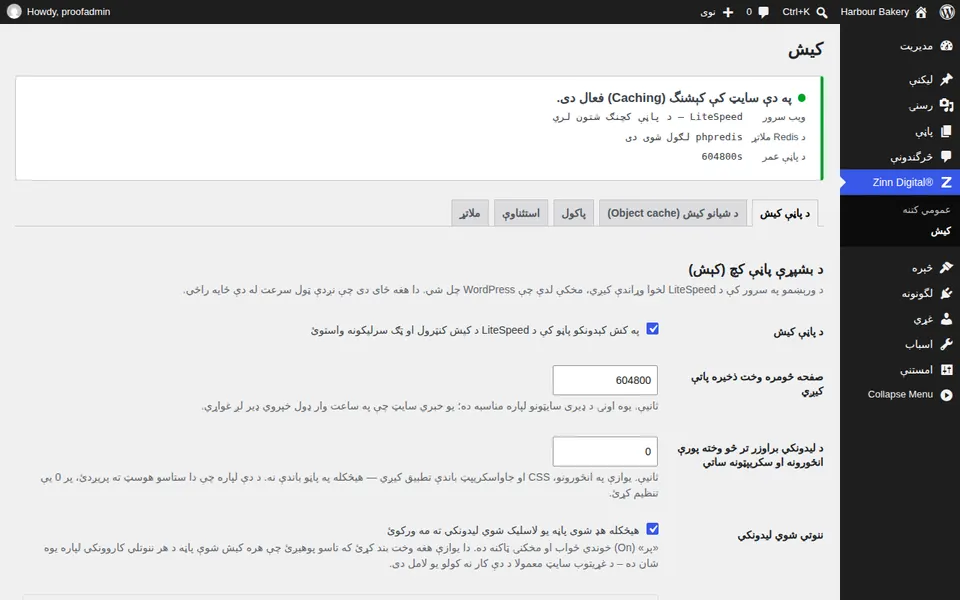 په WordPress کې د Zinn® Cache ترتیباتو سکرین، چې د پاڼې کیش فعال ښیي