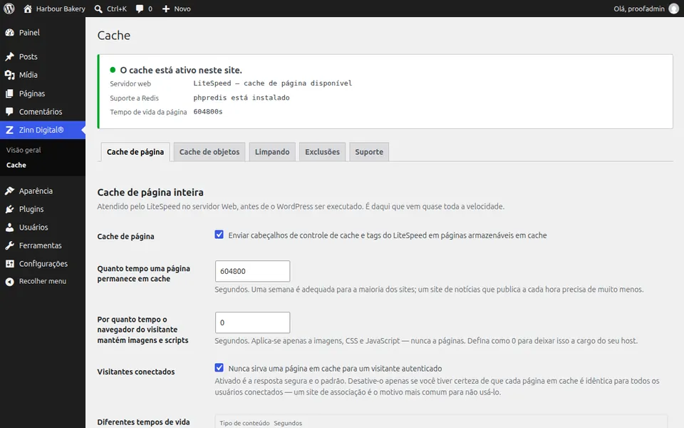 A tela de configurações do Zinn® Cache no WordPress, mostrando o cache de página ativo