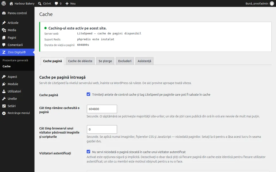 Ecranul de setări Zinn® Cache din WordPress, care arată memoria cache a paginii activă