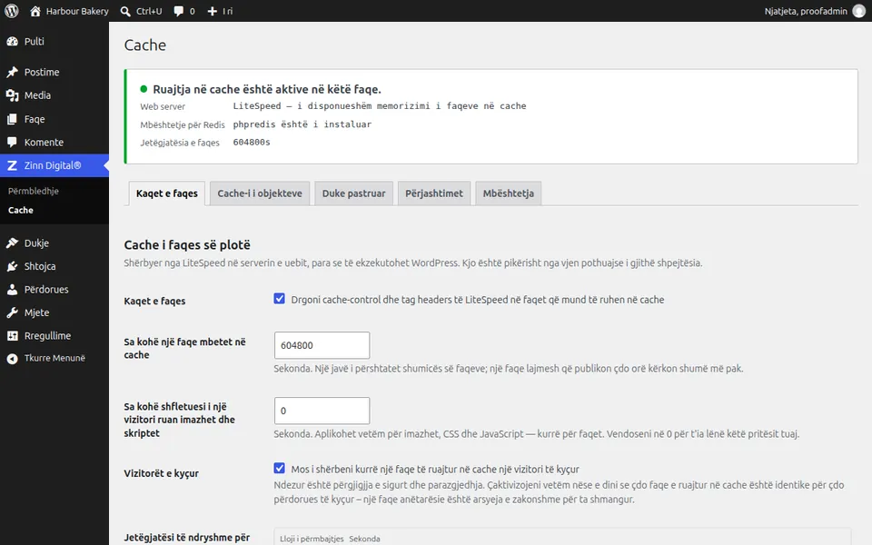 Ekrani i cilësimeve të Zinn® Cache në WordPress, që tregon memorien e fshehtë të faqes aktive