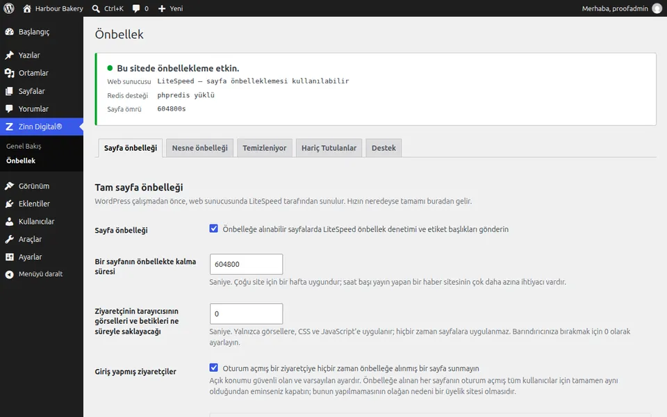 WordPress'te sayfa önbelleğinin etkin olduğunu gösteren Zinn® Cache ayarları ekranı