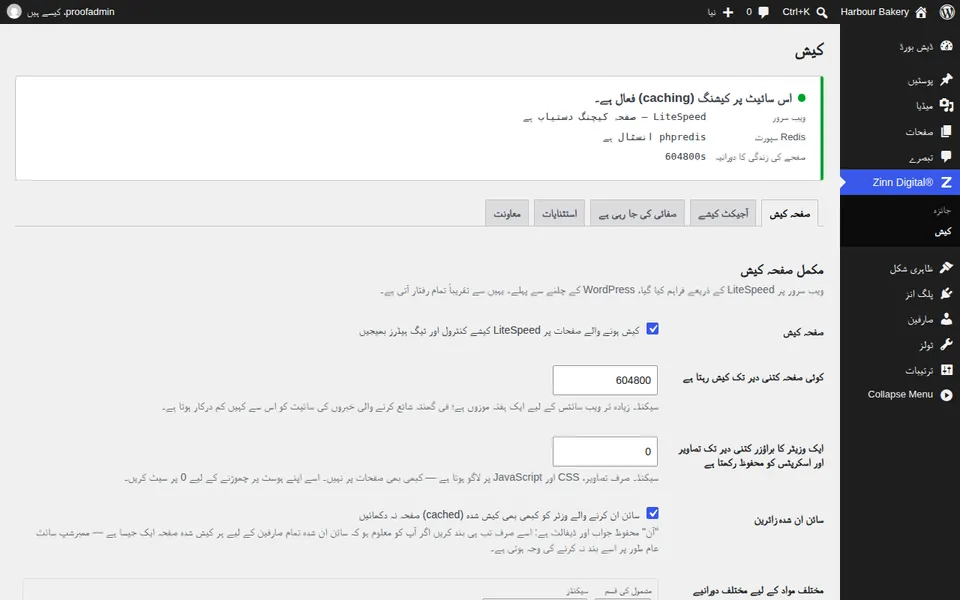 WordPress میں Zinn® Cache کی ترتیبات کی اسکرین، جو صفحہ کیشے کو فعال دکھا رہی ہے