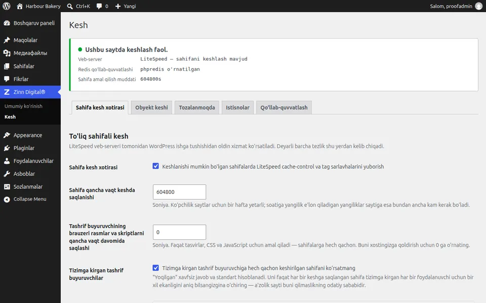 WordPress-dagi Zinn® Cache sozlamalari ekrani, sahifa keshi faol ekanligini koʻrsatadi